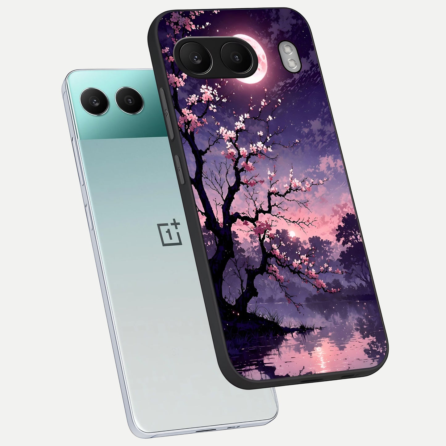  Blossom Pink Moon phone case For Oneplus Nord 4 showing premium glass back cover with detailed artwork