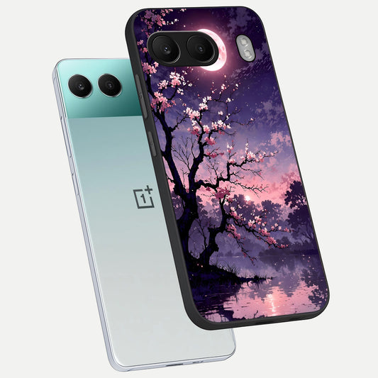  Blossom Pink Moon phone case For Oneplus Nord 4 showing premium glass back cover with detailed artwork