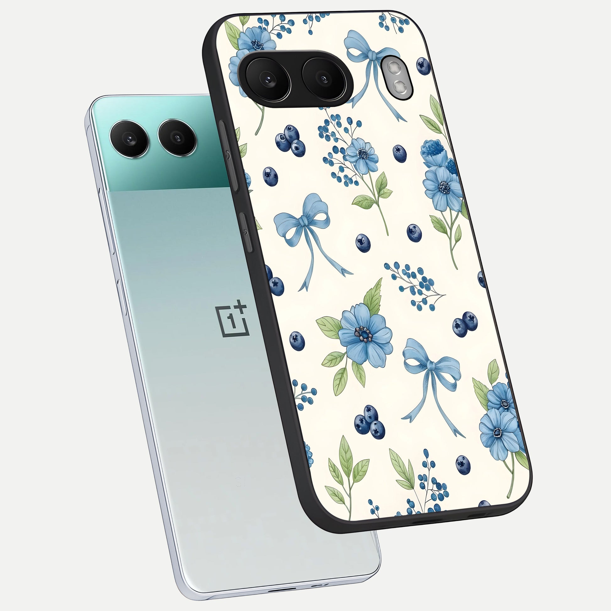  Blue Flower And Bow phone case For Oneplus Nord 4 showing premium glass back cover with detailed artwork