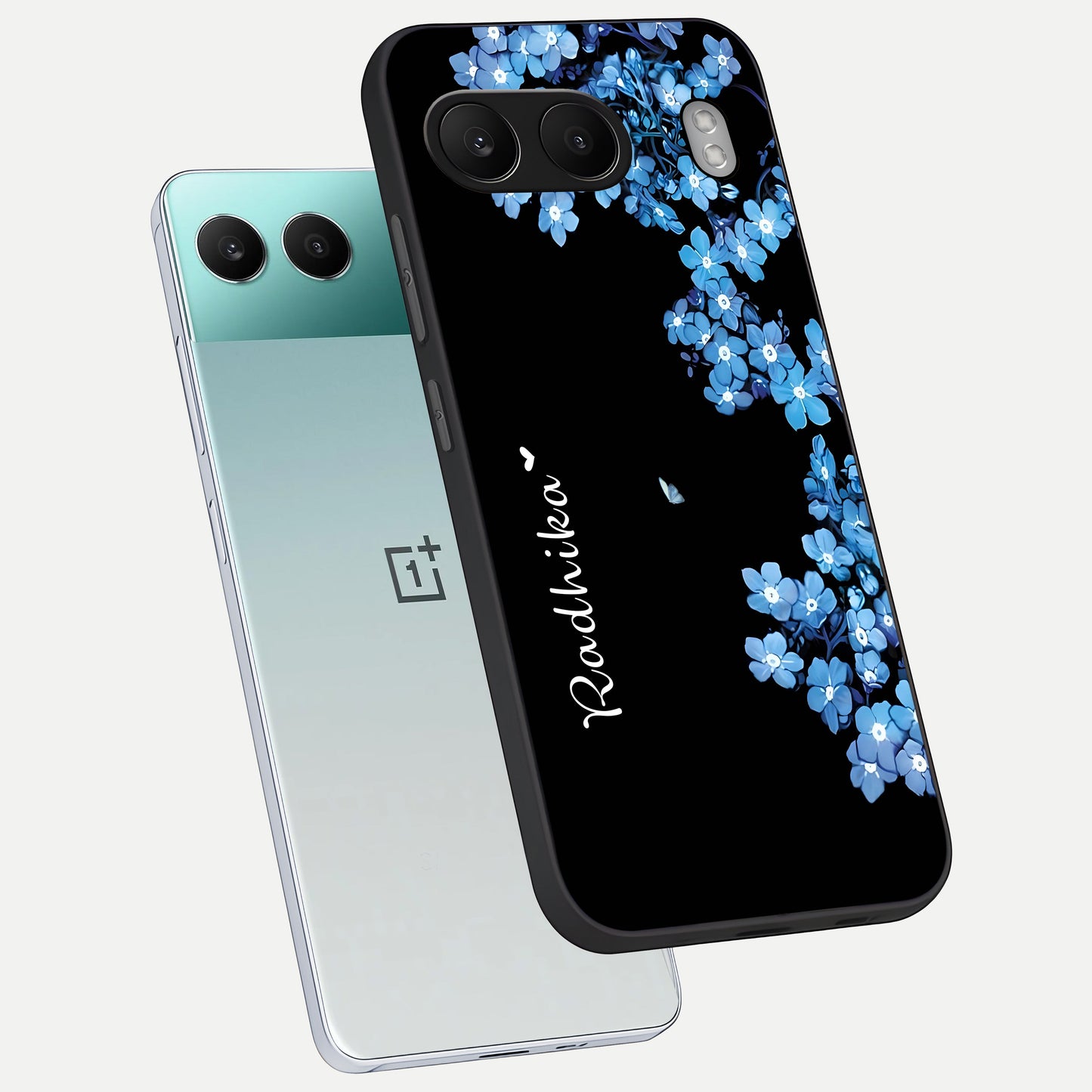  Blue Petal Dream Custom Name phone case For Oneplus Nord 4 showing premium glass back cover with detailed artwork