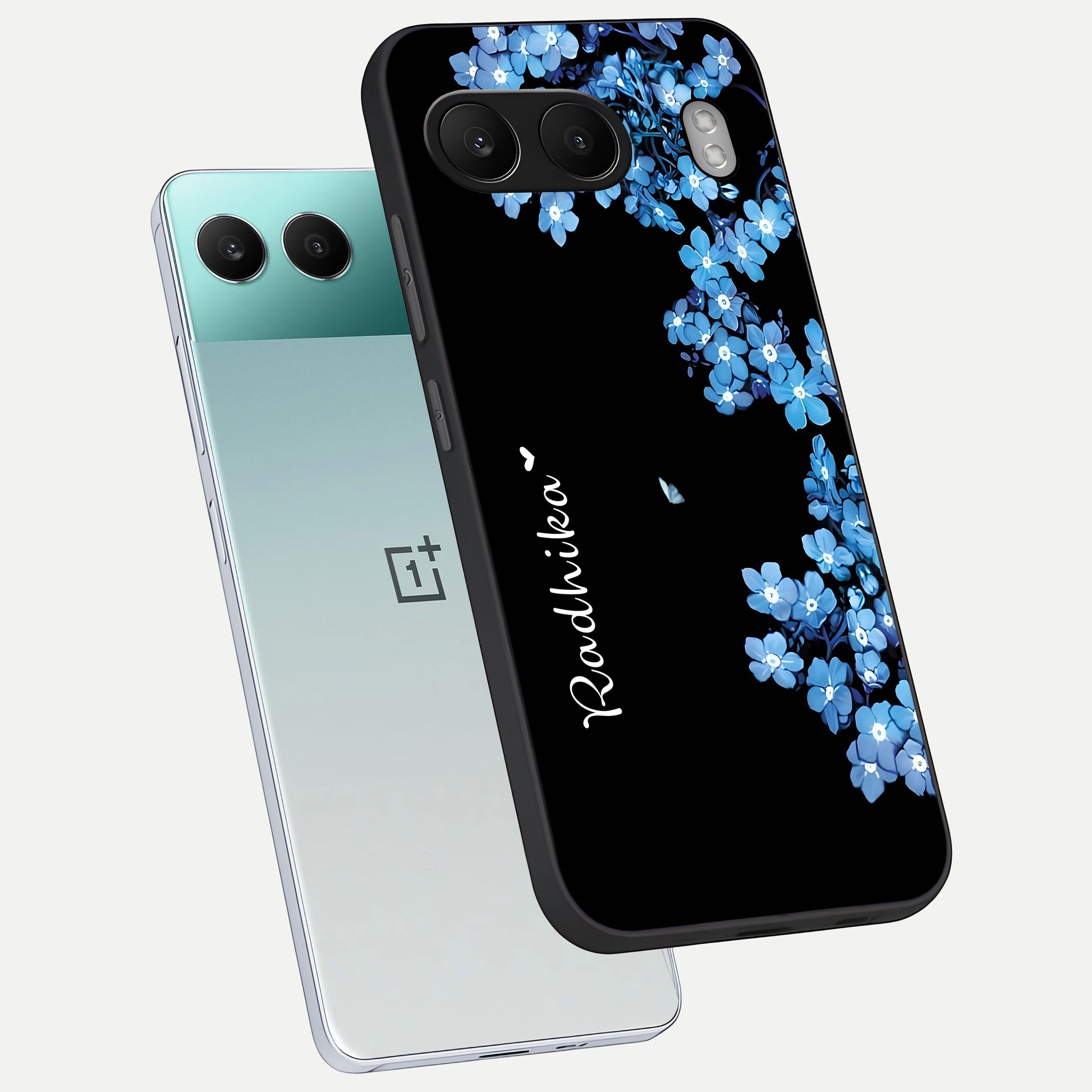  Blue Petal Dream Custom Name phone case For Oneplus Nord 4 showing premium glass back cover with detailed artwork
