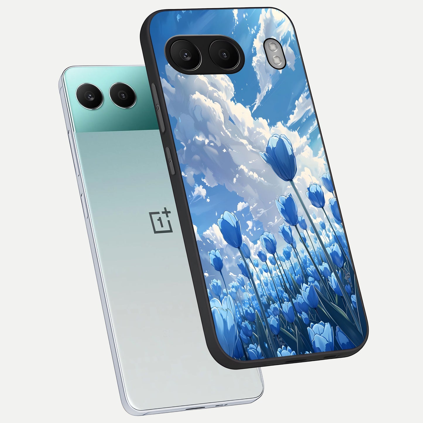  Blue Tulip Clouds phone case For Oneplus Nord 4 showing premium glass back cover with detailed artwork