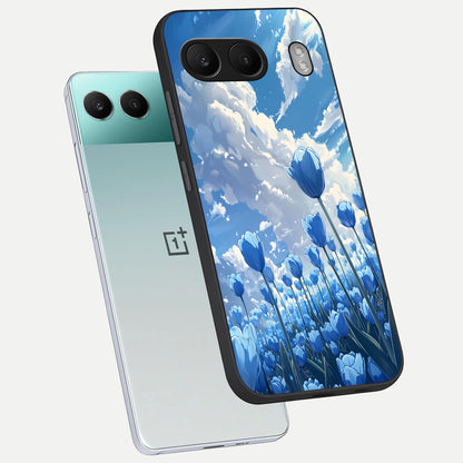  Blue Tulip Clouds phone case For Oneplus Nord 4 showing premium glass back cover with detailed artwork