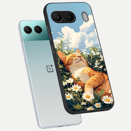  Cat And Flowers View phone case For Oneplus Nord 4 showing premium glass back cover with detailed artwork