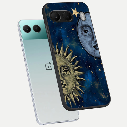  Celestial Moon With Sun phone case For Oneplus Nord 4 showing premium glass back cover with detailed artwork
