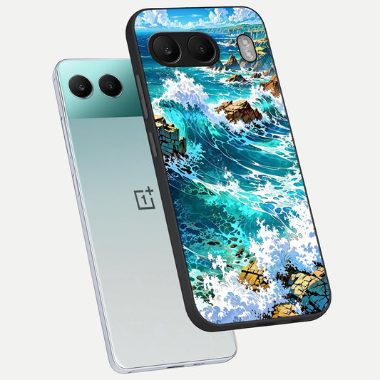  Coastal Blue Waves phone case For Oneplus Nord 4 showing premium glass back cover with detailed artwork