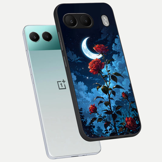  Crimson Rose Moon phone case For Oneplus Nord 4 showing premium glass back cover with detailed artwork