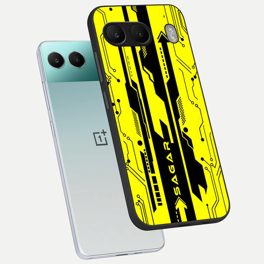  Electric Pulse CYBERPUNK Custom Name phone case For Oneplus Nord 4 showing premium glass back cover with detailed artwork