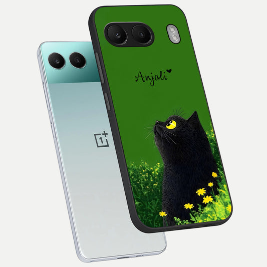  Emerald Cat Custom Name phone case For Oneplus Nord 4 showing premium glass back cover with detailed artwork