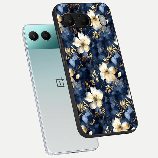  Golden Midnight Bloom phone case For Oneplus Nord 4 showing premium glass back cover with detailed artwork