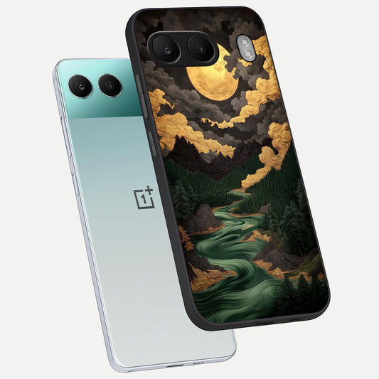  Golden River Moon phone case For Oneplus Nord 4 showing premium glass back cover with detailed artwork