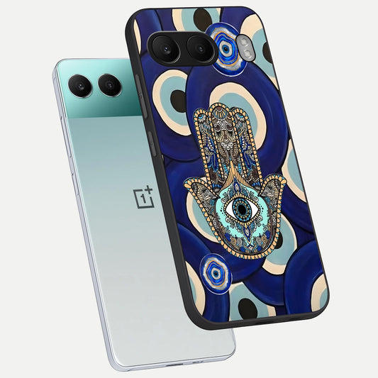 Hamsa Divine Guard phone case For Oneplus Nord 4 showing premium glass back cover with detailed artwork