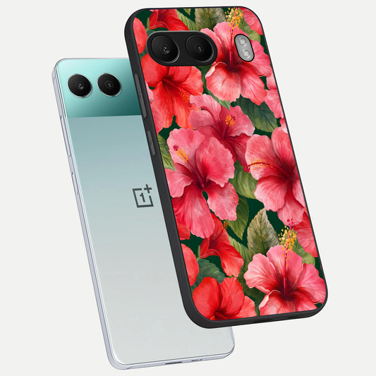  Hibiscus Pattern phone case For Oneplus Nord 4 showing premium glass back cover with detailed artwork