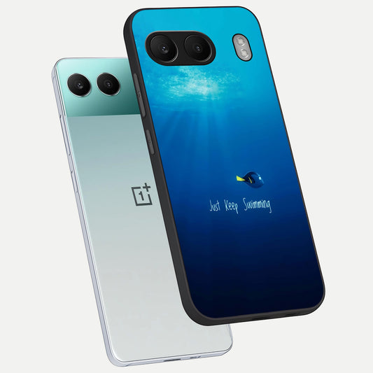  Just Keep Swimming phone case For Oneplus Nord 4 showing premium glass back cover with detailed artwork