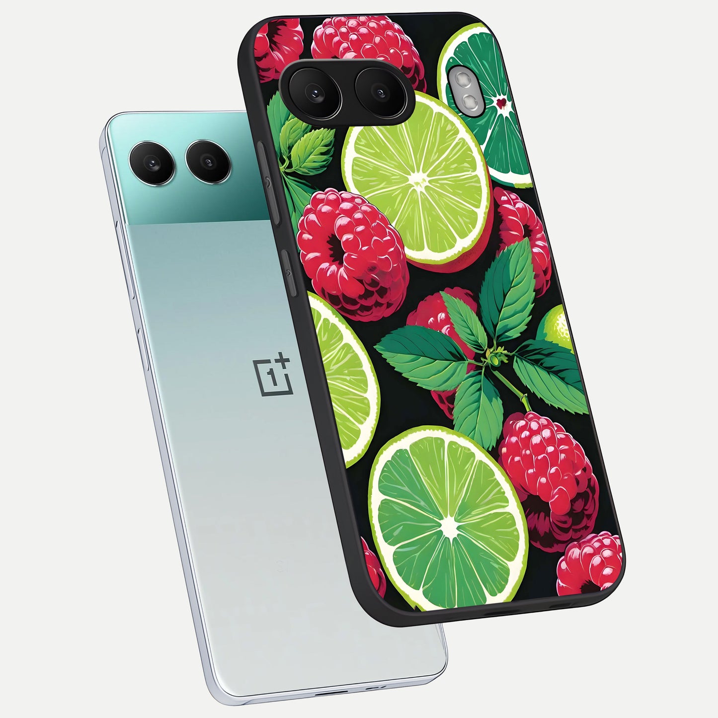  Lime and Raspberry Pattern phone case For Oneplus Nord 4 showing premium glass back cover with detailed artwork