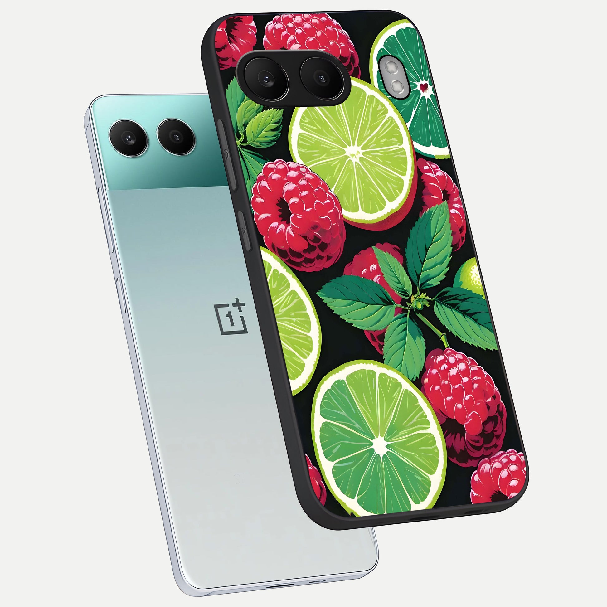  Lime and Raspberry Pattern phone case For Oneplus Nord 4 showing premium glass back cover with detailed artwork