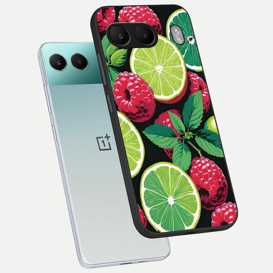  Lime and Raspberry Pattern phone case For Oneplus Nord 4 showing premium glass back cover with detailed artwork