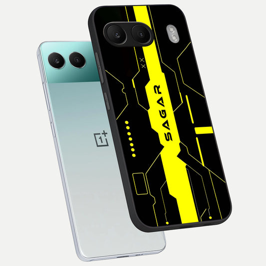  Neon CYBERPUNK Custom Name phone case For Oneplus Nord 4 showing premium glass back cover with detailed artwork