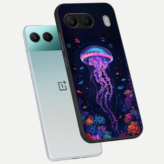  Neon Jellyfish phone case For Oneplus Nord 4 showing premium glass back cover with detailed artwork