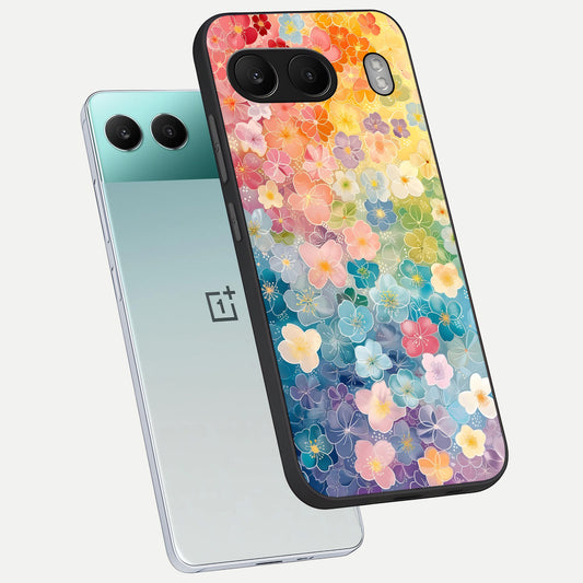  Rainbow Blossom Burst phone case For Oneplus Nord 4 showing premium glass back cover with detailed artwork