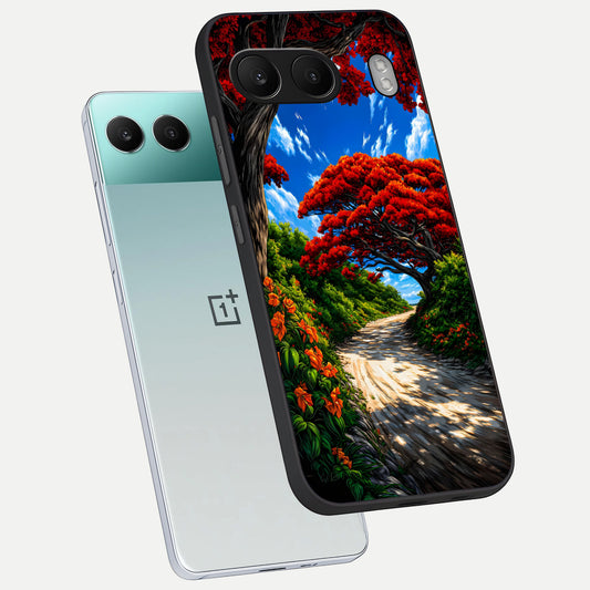  Red Trees Pathway phone case For Oneplus Nord 4 showing premium glass back cover with detailed artwork