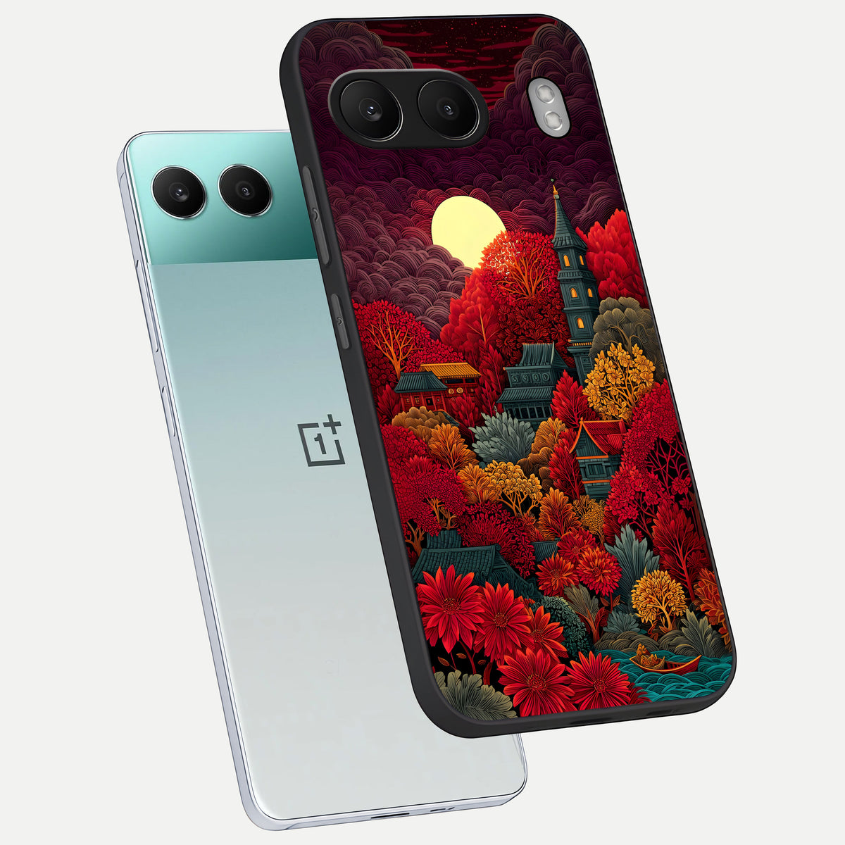  Scarlet Autumn Temple phone case For Oneplus Nord 4 showing premium glass back cover with detailed artwork