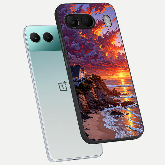  Sunset House By Sea phone case For Oneplus Nord 4 showing premium glass back cover with detailed artwork