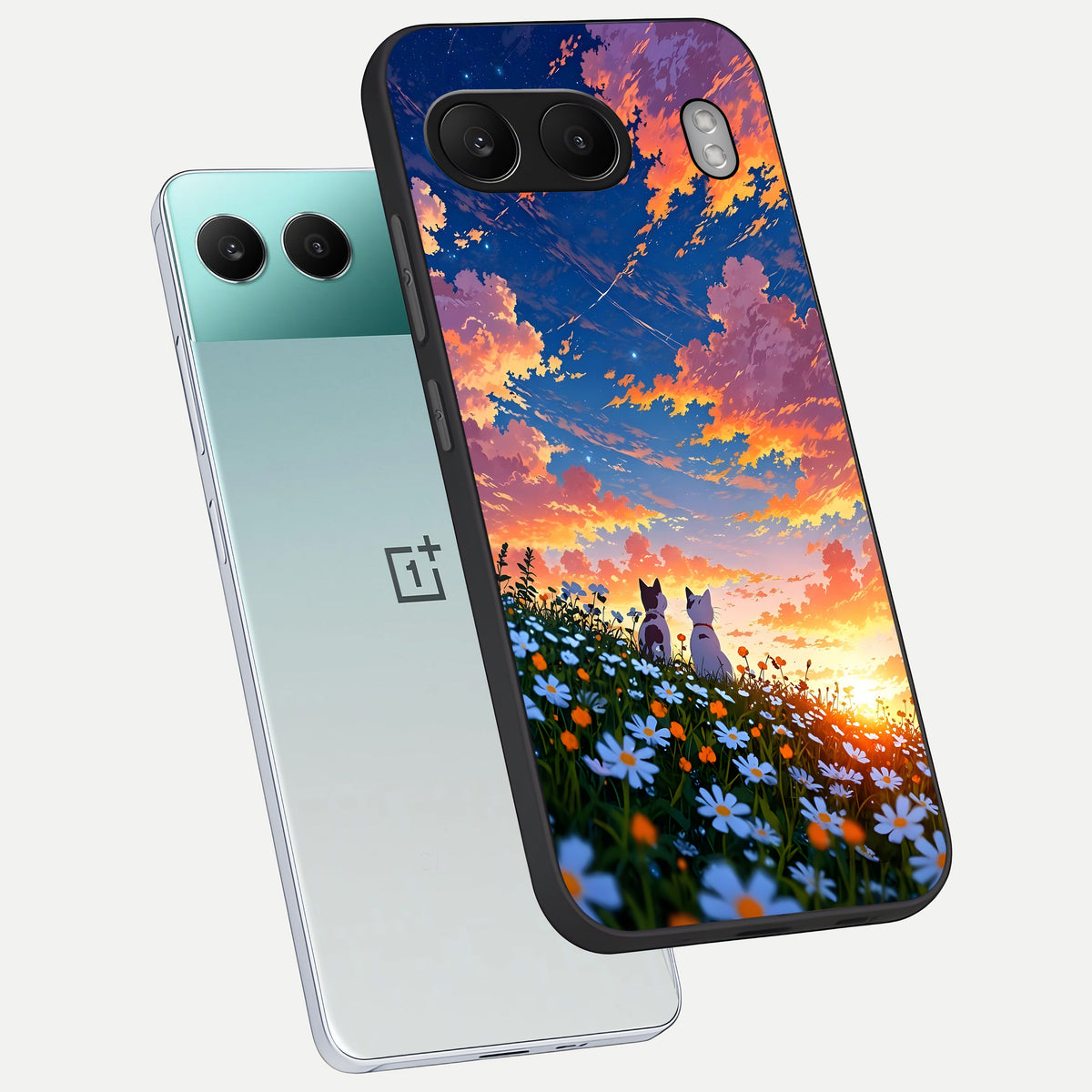  Two Cats Friends phone case For Oneplus Nord 4 showing premium glass back cover with detailed artwork