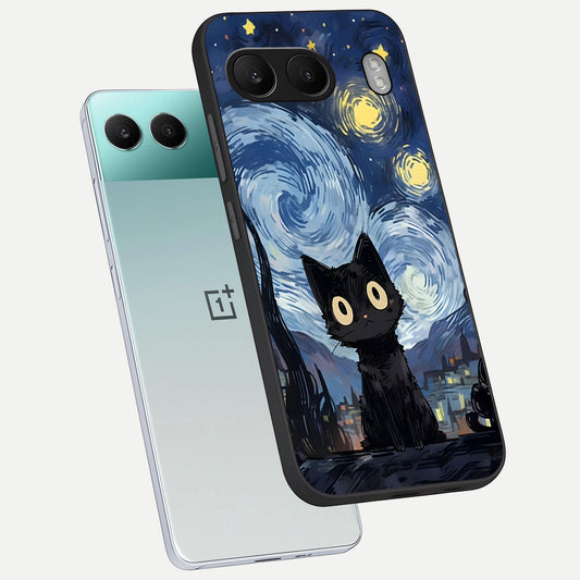  Van Gogh Cat phone case For Oneplus Nord 4 showing premium glass back cover with detailed artwork