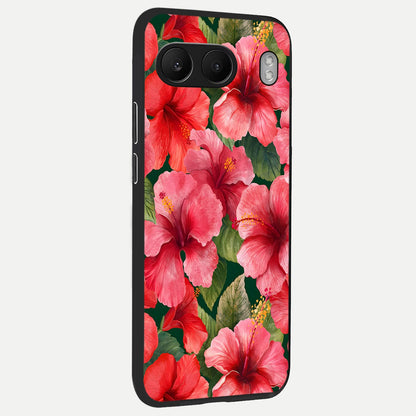  Hibiscus Pattern back cover For Oneplus Nord 4 slim fit glass case with vibrant aesthetic design