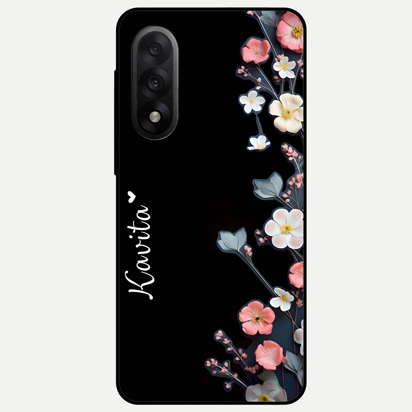  Black Elegance Floral Custom Name Glass Case For Oneplus Nord 5 back cover – full design glossy printed glass finish