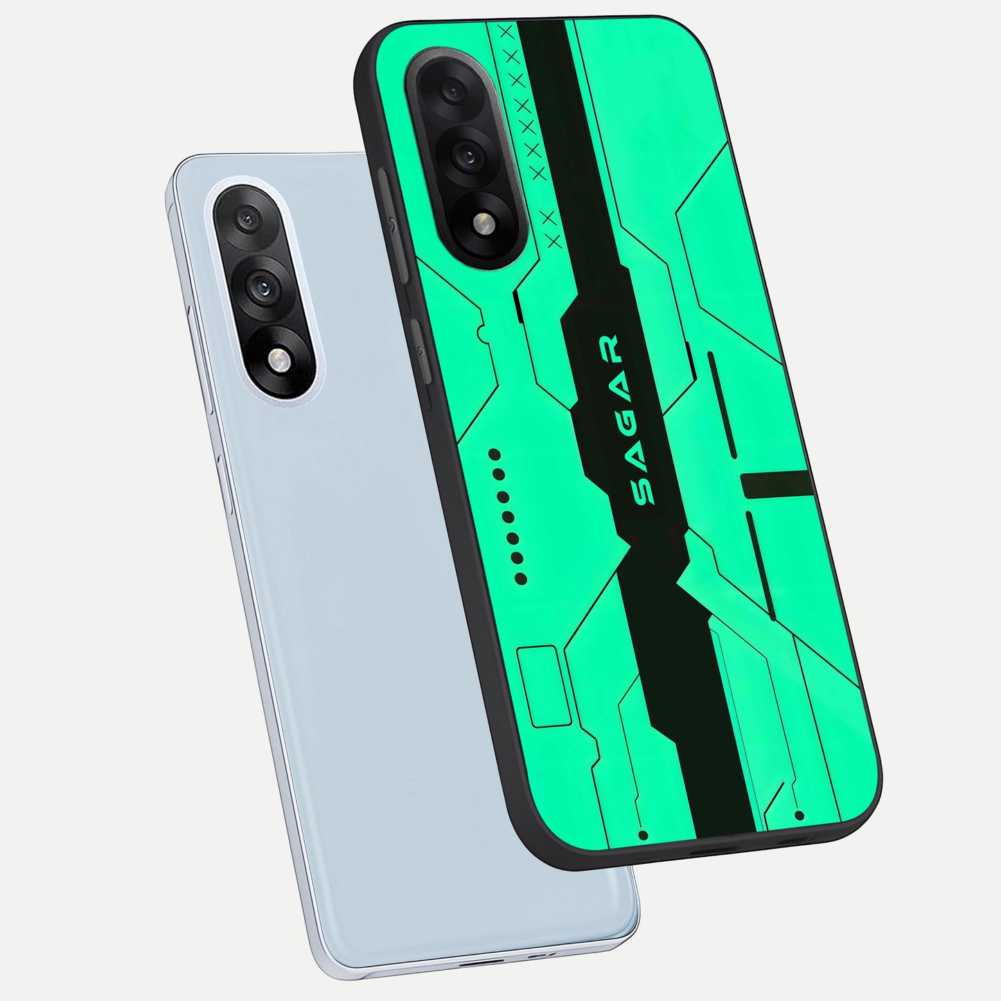  Aqua Tech CYBERPUNK Custom Name phone case For Oneplus Nord 5 showing premium glass back cover with detailed artwork