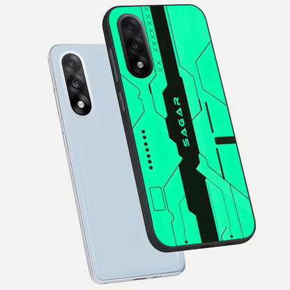  Aqua Tech CYBERPUNK Custom Name phone case For Oneplus Nord 5 showing premium glass back cover with detailed artwork