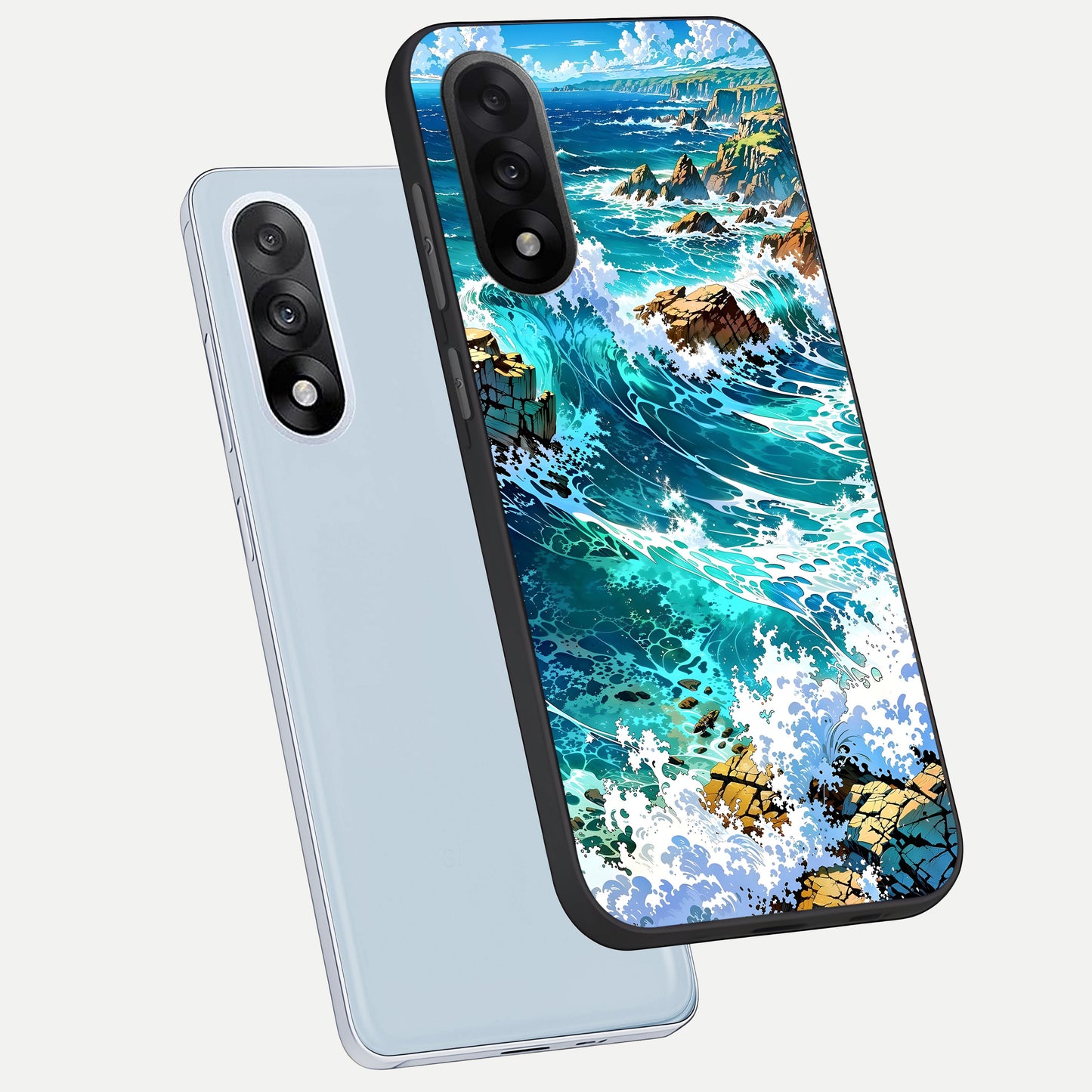  Coastal Blue Waves phone case For Oneplus Nord 5 showing premium glass back cover with detailed artwork