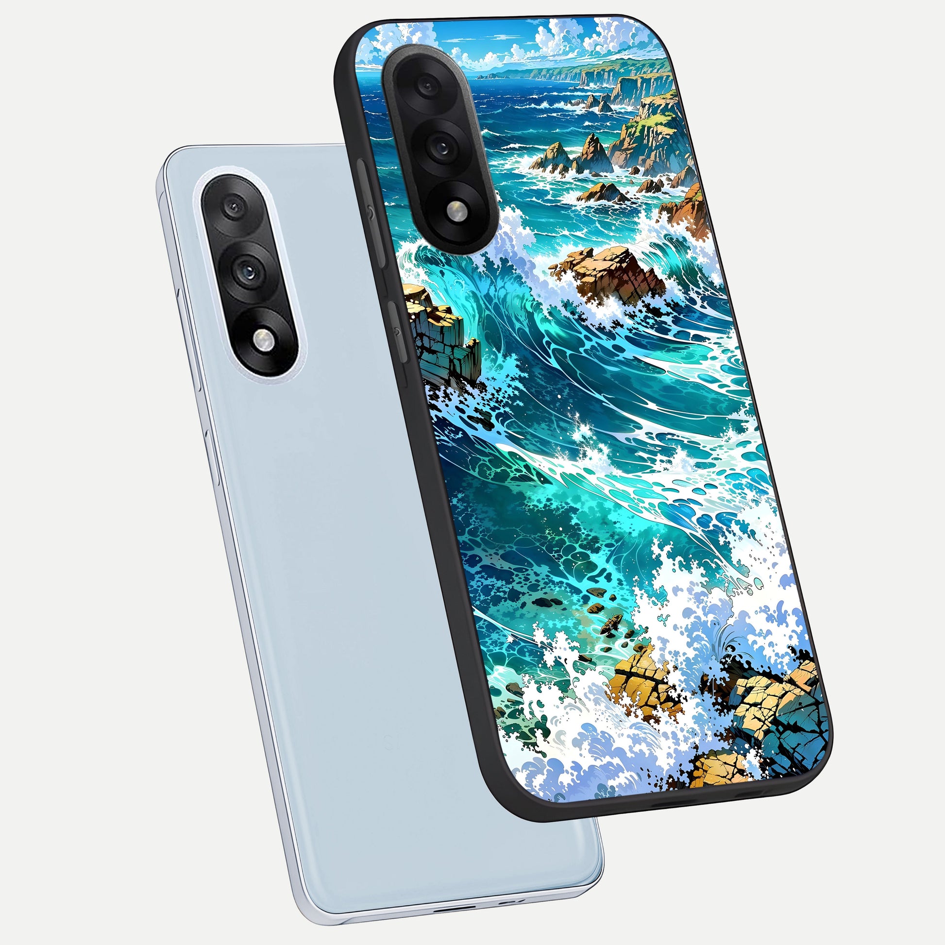  Coastal Blue Waves phone case For Oneplus Nord 5 showing premium glass back cover with detailed artwork