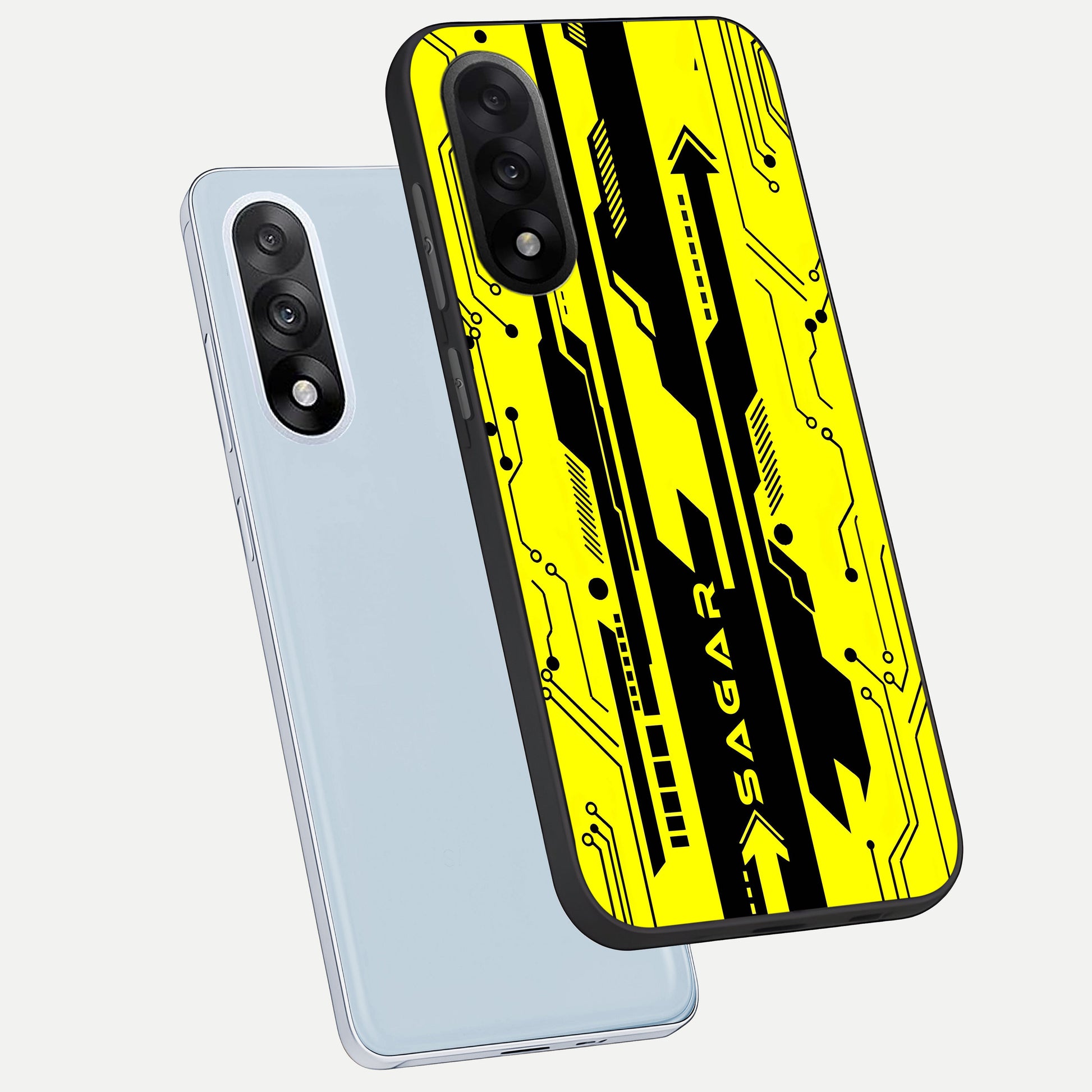  Electric Pulse CYBERPUNK Custom Name phone case For Oneplus Nord 5 showing premium glass back cover with detailed artwork