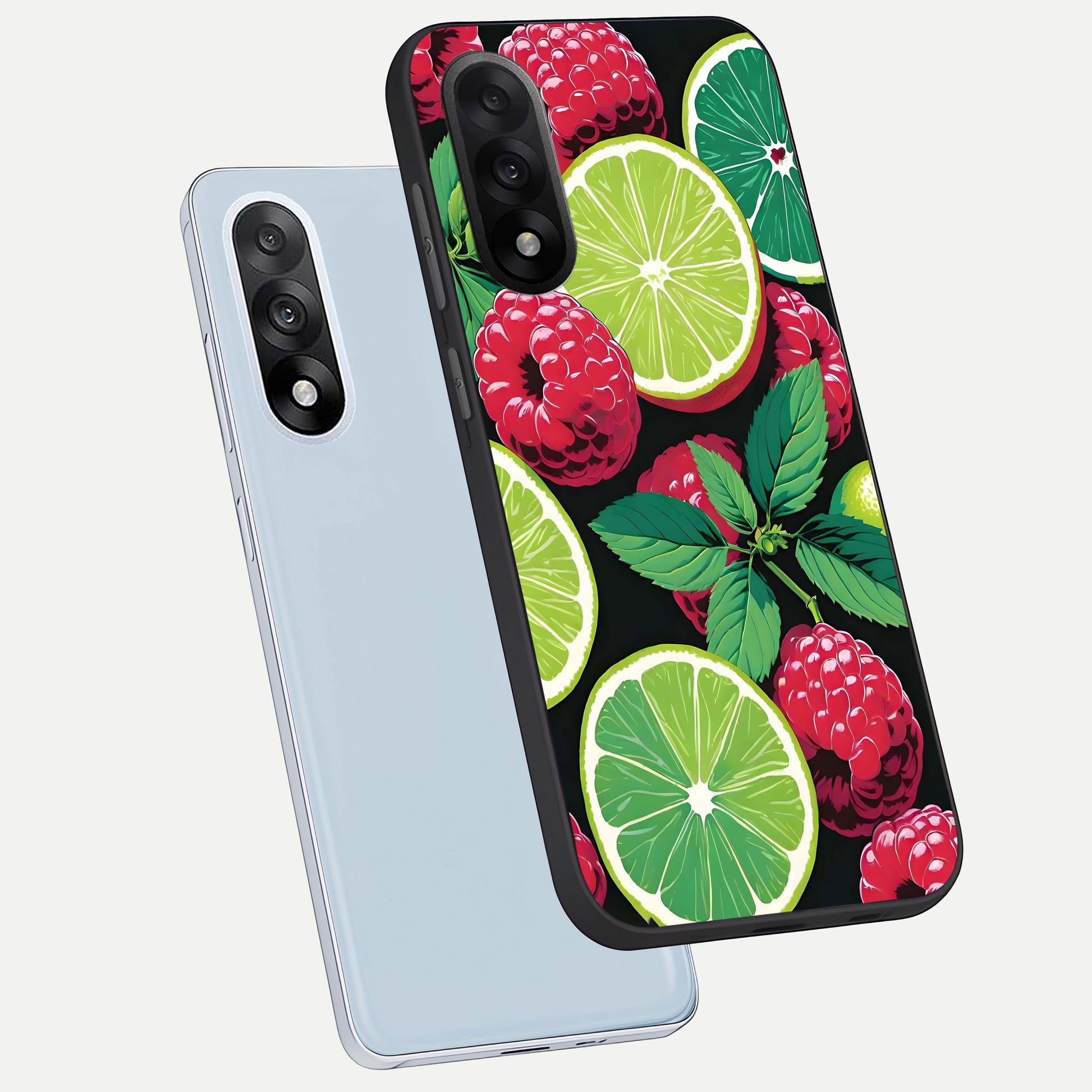  Lime and Raspberry Pattern phone case For Oneplus Nord 5 showing premium glass back cover with detailed artwork