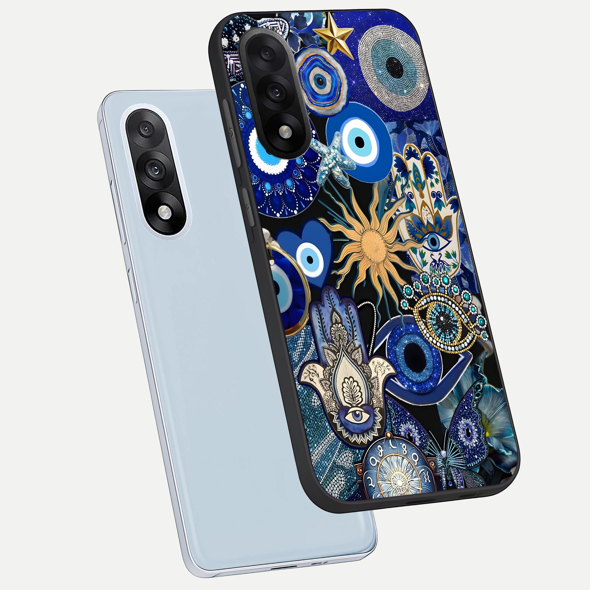  Mystic Blue Evil Eye phone case For Oneplus Nord 5 showing premium glass back cover with detailed artwork