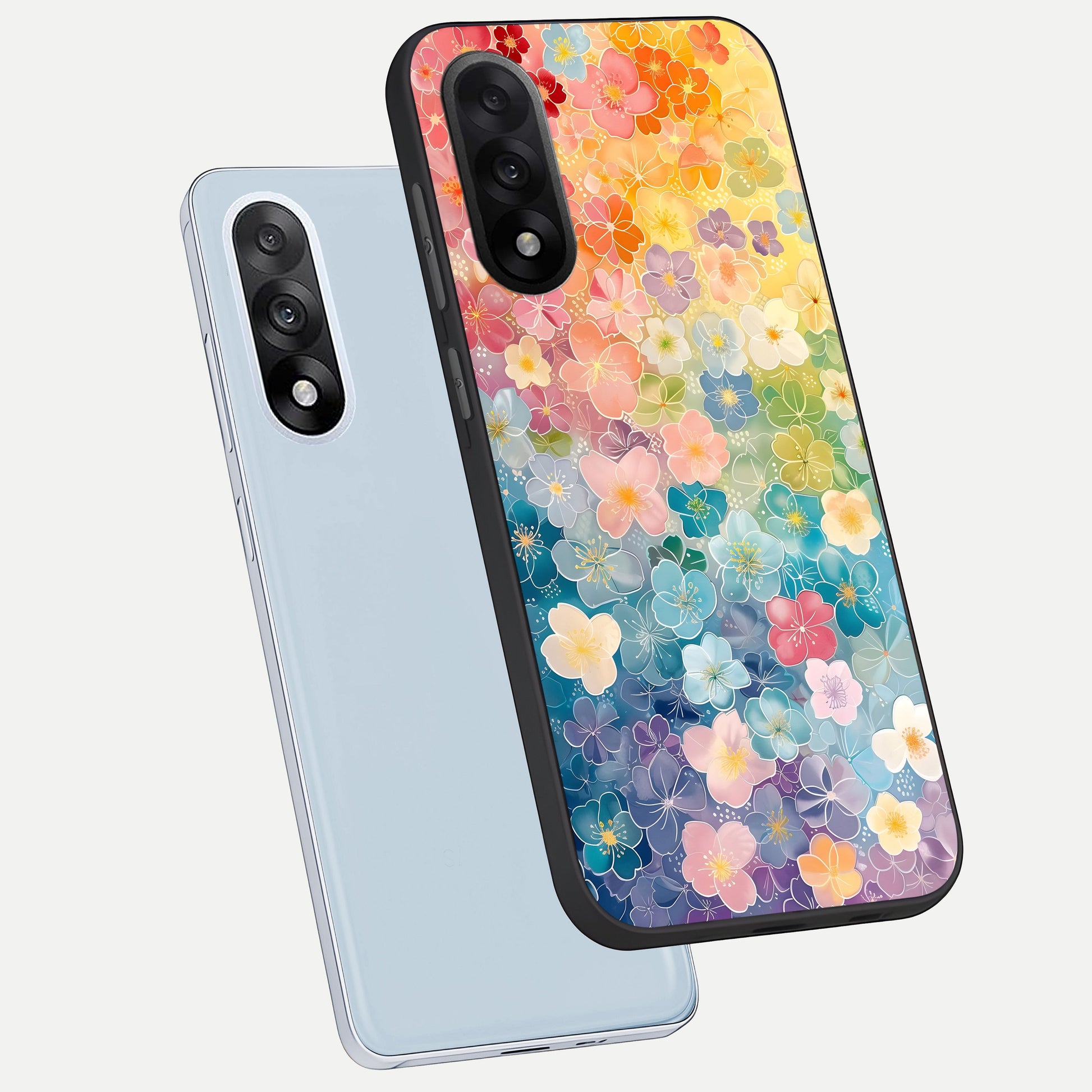  Rainbow Blossom Burst phone case For Oneplus Nord 5 showing premium glass back cover with detailed artwork