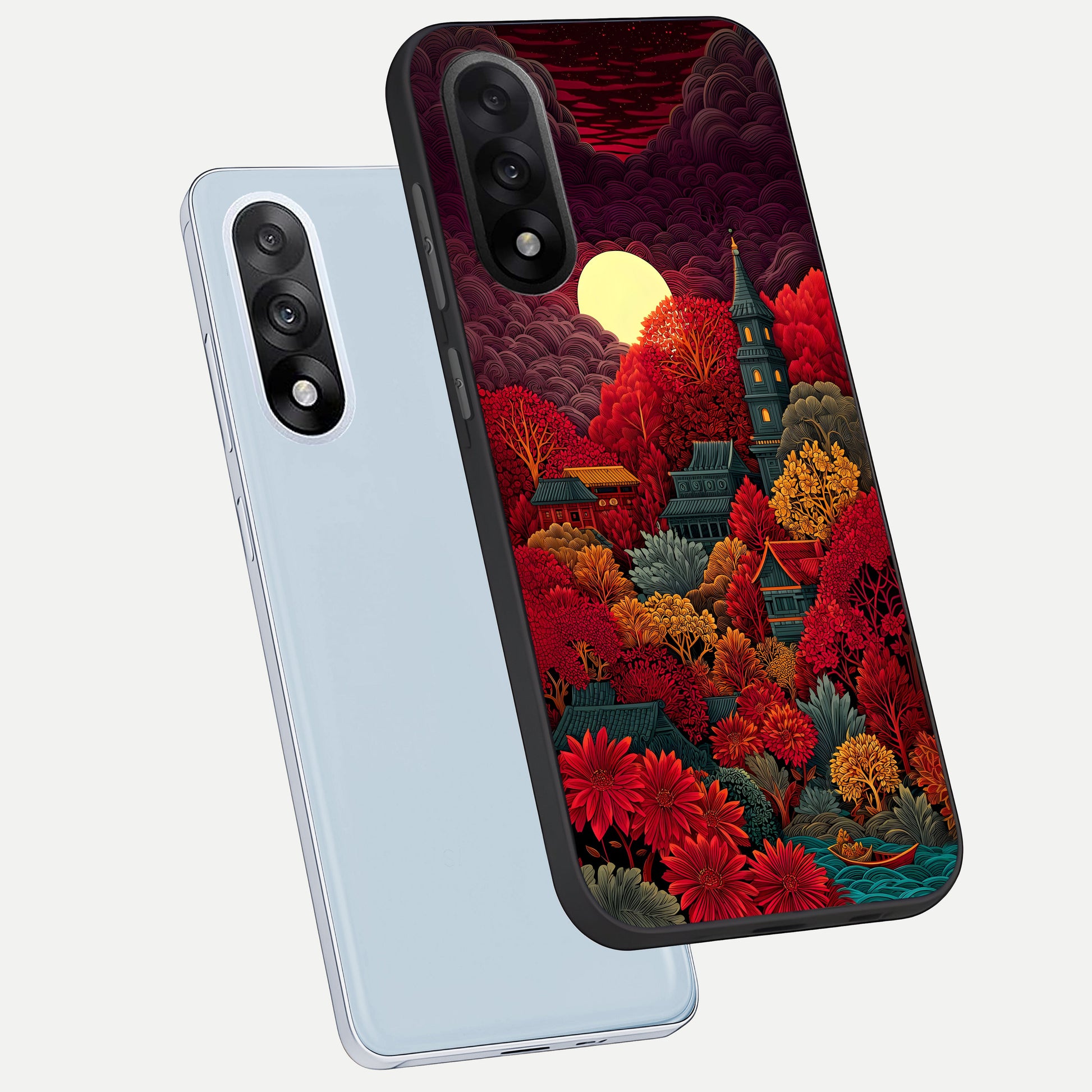  Scarlet Autumn Temple phone case For Oneplus Nord 5 showing premium glass back cover with detailed artwork