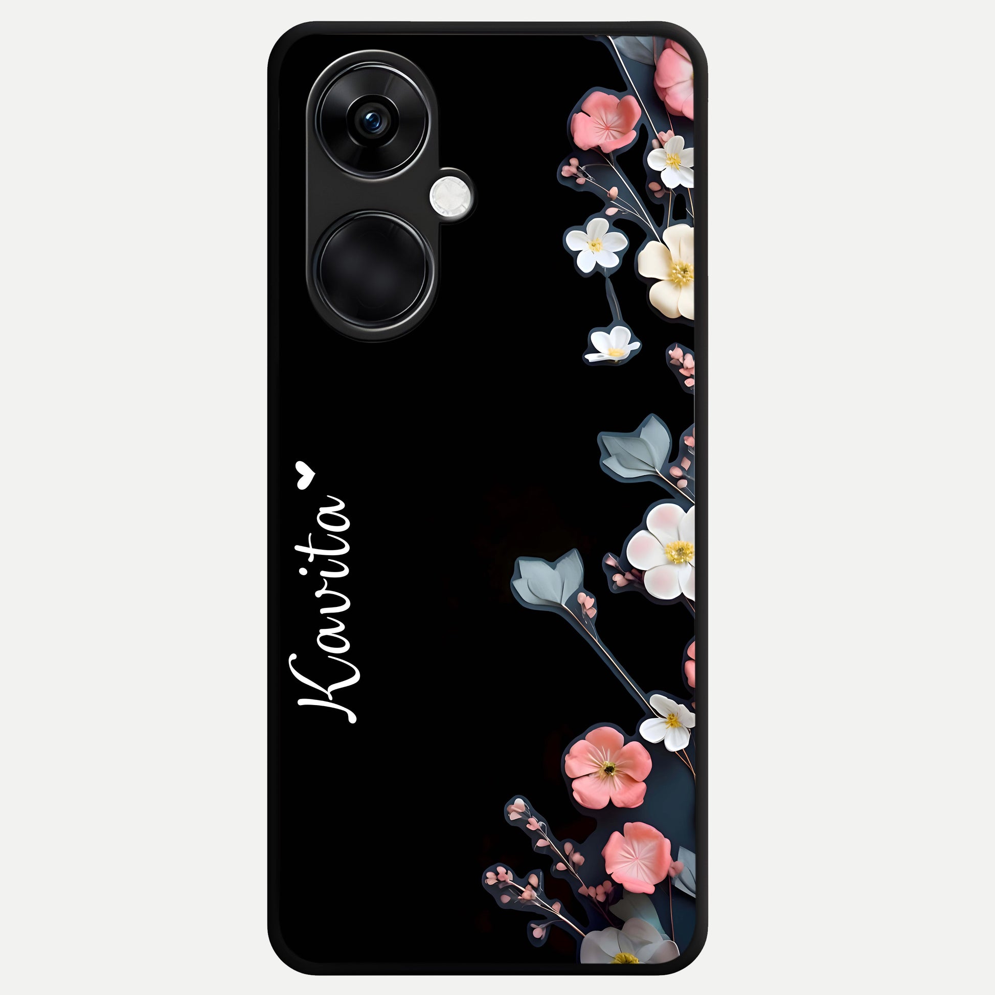  Black Elegance Floral Custom Name Glass Case For Oneplus Nord CE3 back cover – full design glossy printed glass finish