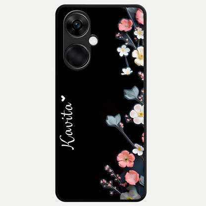  Black Elegance Floral Custom Name Glass Case For Oneplus Nord CE3 back cover – full design glossy printed glass finish