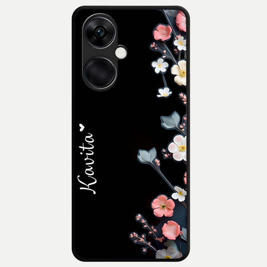  Black Elegance Floral Custom Name Glass Case For Oneplus Nord CE3 back cover – full design glossy printed glass finish