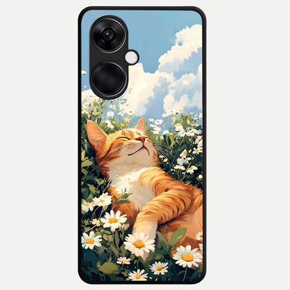  Cat And Flowers View Glass Case For Oneplus Nord CE3 back cover – full design glossy printed glass finish