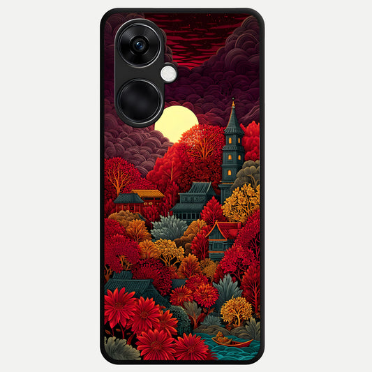  Scarlet Autumn Temple Glass Case For Oneplus Nord CE3 back cover – full design glossy printed glass finish