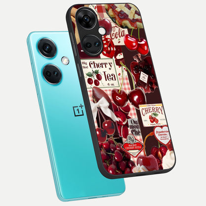  Aesthetic Cherry Tea phone case For Oneplus Nord CE3 showing premium glass back cover with detailed artwork