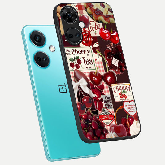  Aesthetic Cherry Tea phone case For Oneplus Nord CE3 showing premium glass back cover with detailed artwork