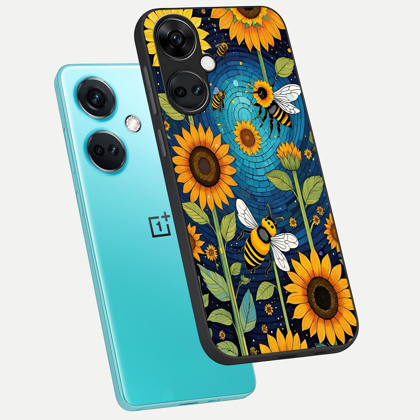  Bees And Sunflowers phone case For Oneplus Nord CE3 showing premium glass back cover with detailed artwork