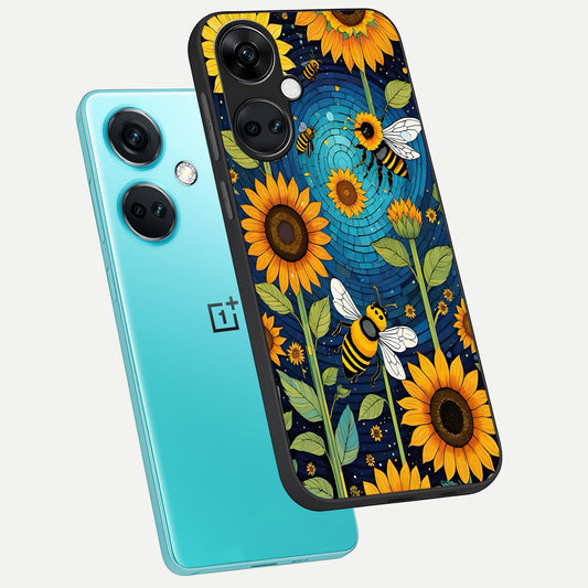  Bees And Sunflowers phone case For Oneplus Nord CE3 showing premium glass back cover with detailed artwork