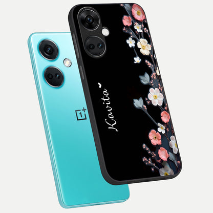  Black Elegance Floral Custom Name phone case For Oneplus Nord CE3 showing premium glass back cover with detailed artwork